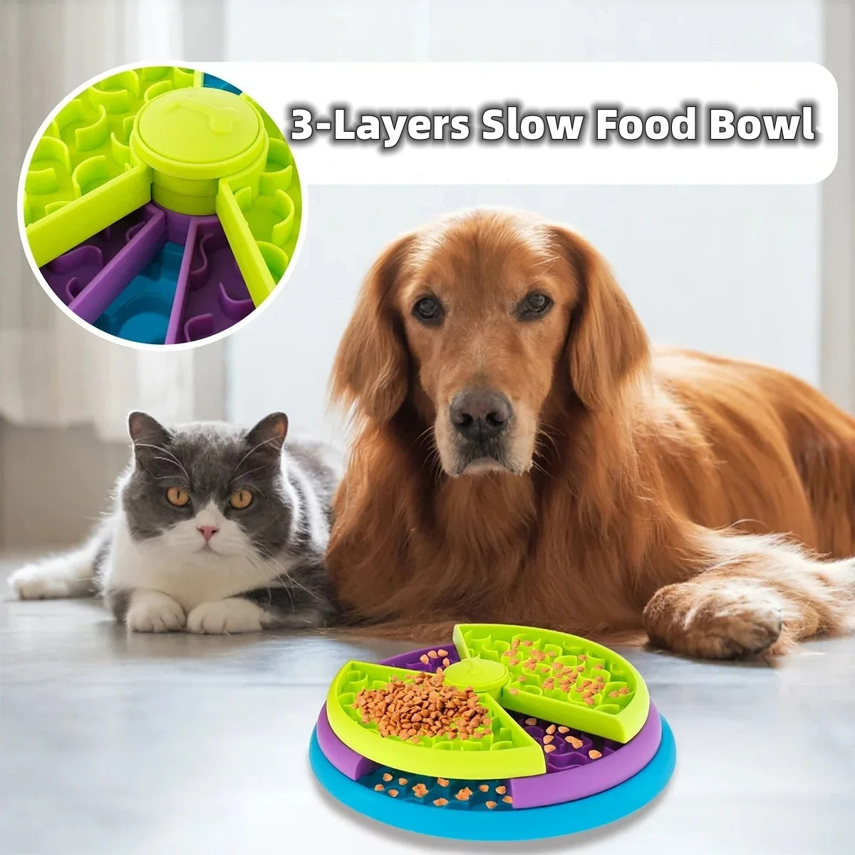 3-Layer Rotating Slow Feeder Bowl for Dogs & Cats