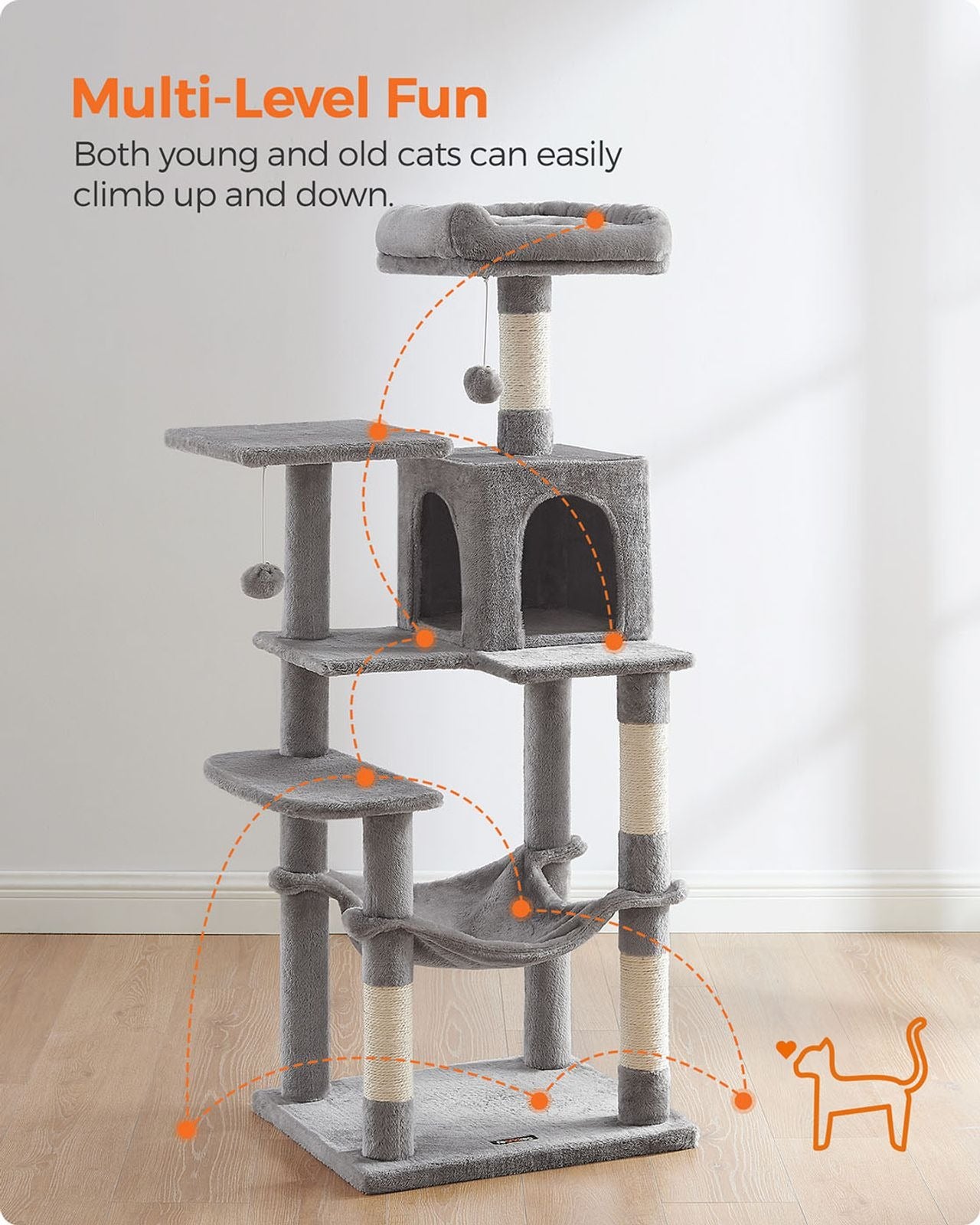 143cm Multi-Level Cat Tree with Hammock & Pompoms