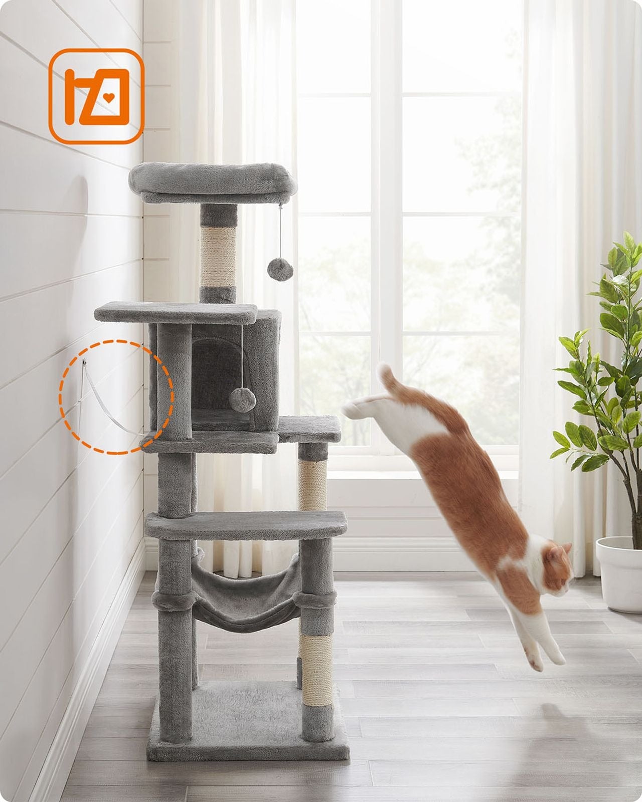 143cm Multi-Level Cat Tree with Hammock & Pompoms