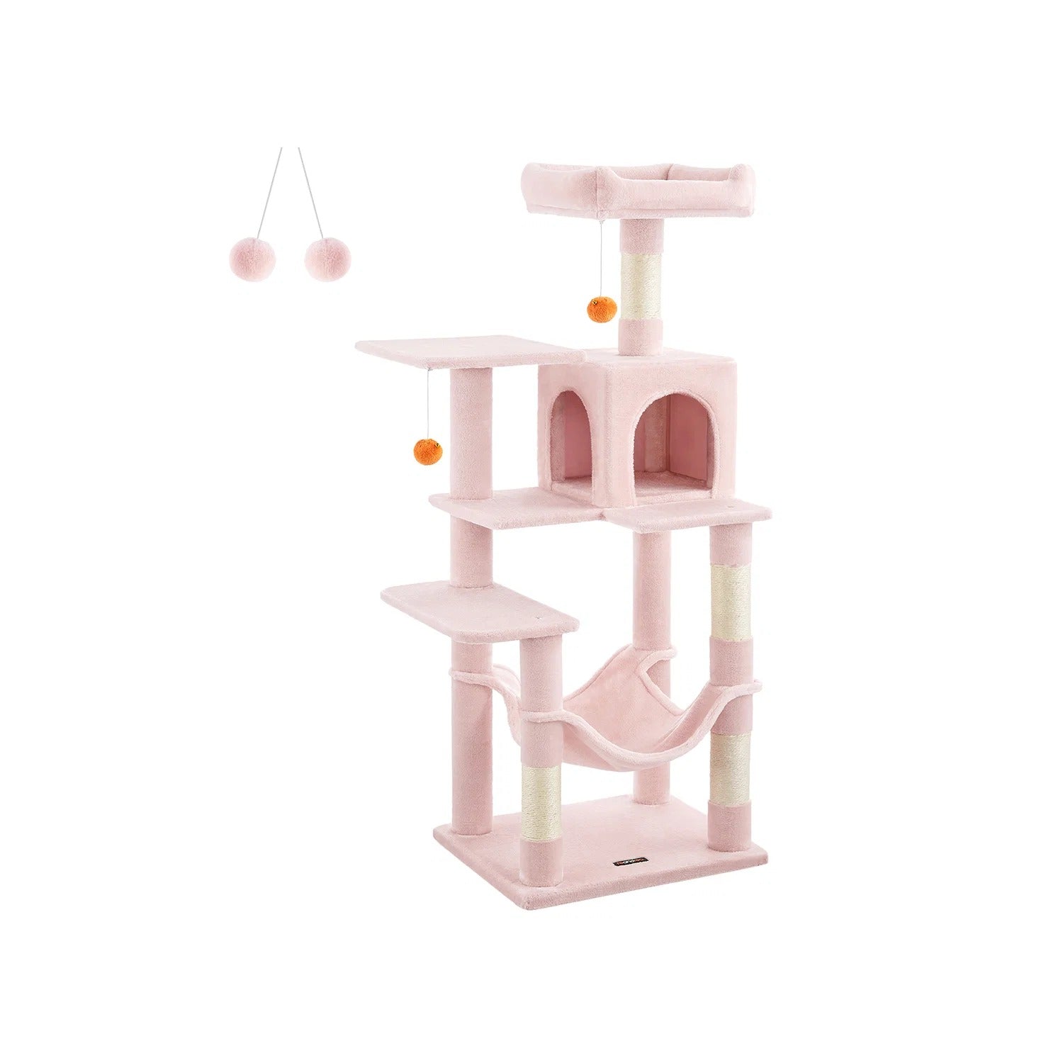 143cm Multi-Level Cat Tree with Hammock & Pompoms