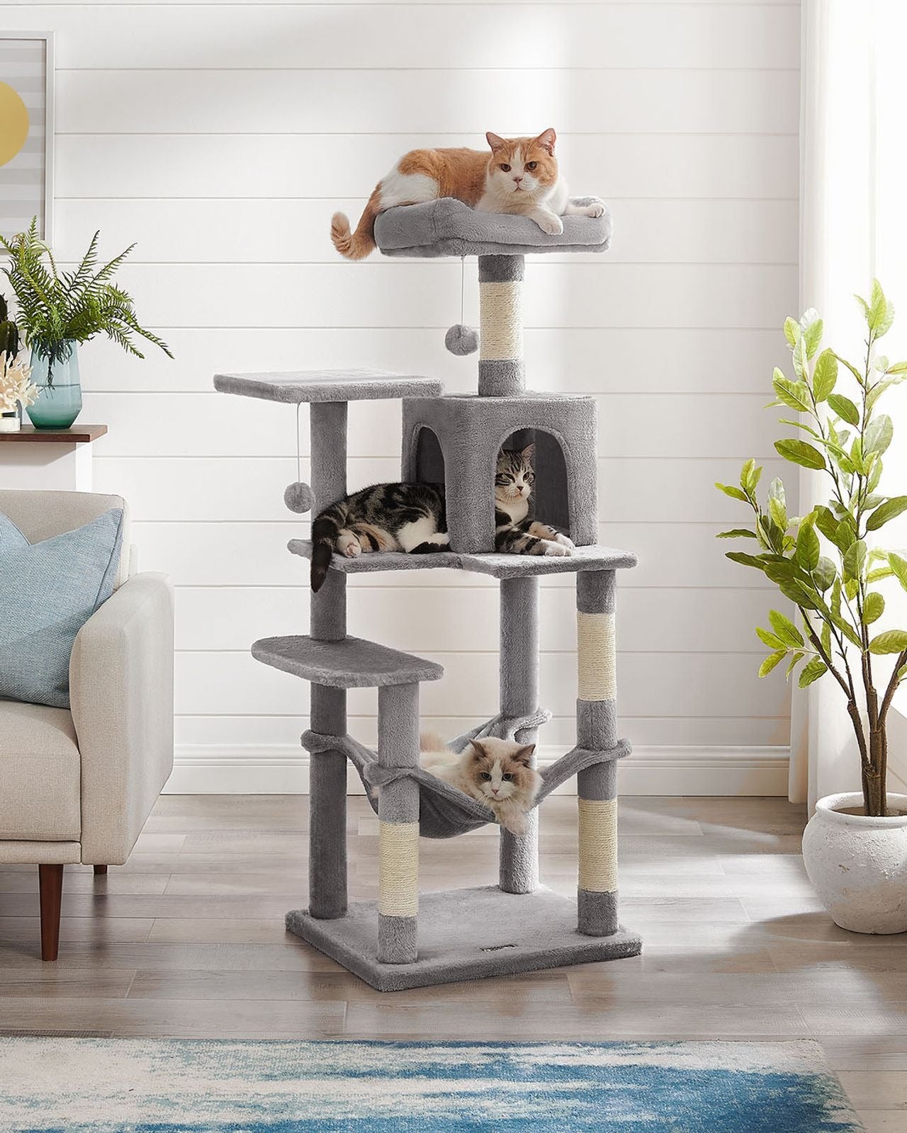 143cm Multi-Level Cat Tree with Hammock & Pompoms