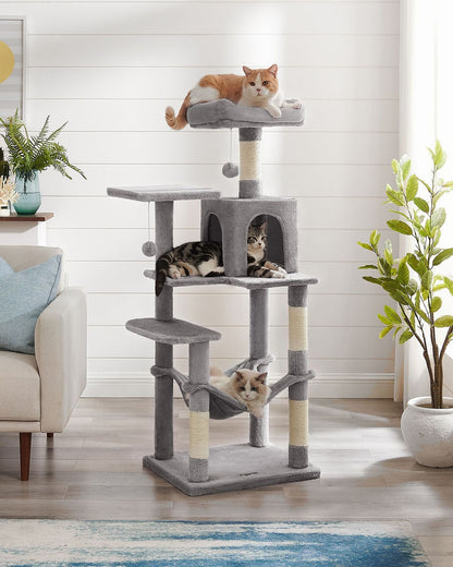 143cm Multi-Level Cat Tree with Hammock & Pompoms