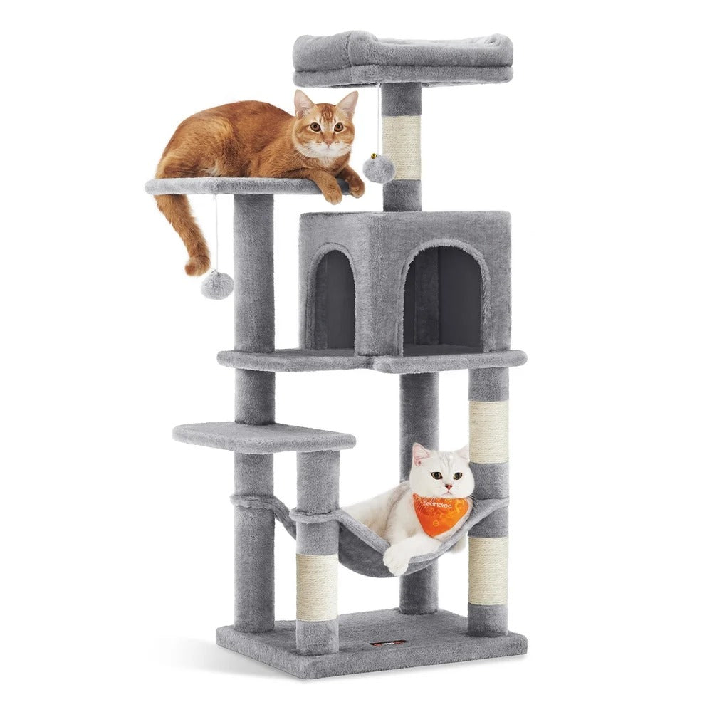 143cm Multi-Level Cat Tree with Hammock & Pompoms