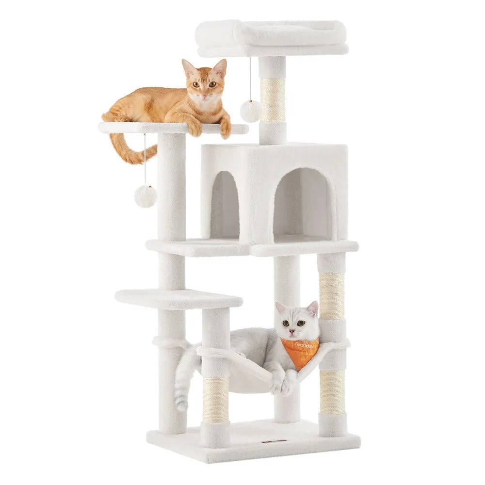 143cm Multi-Level Cat Tree with Hammock & Pompoms