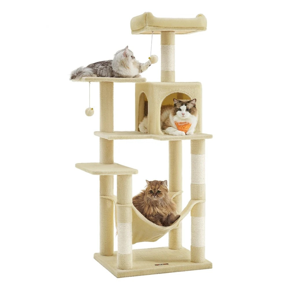 143cm Multi-Level Cat Tree with Hammock & Pompoms