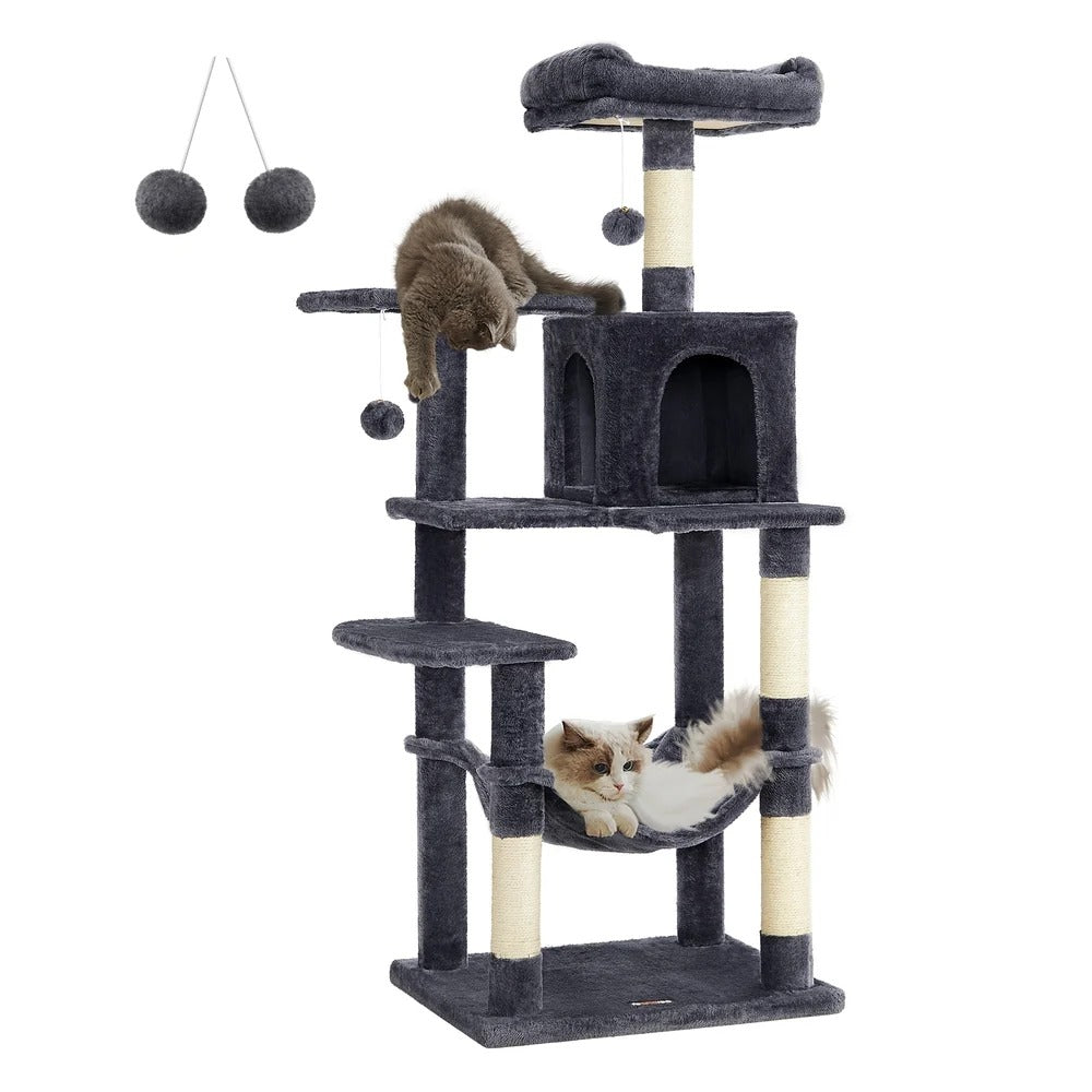 143cm Multi-Level Cat Tree with Hammock & Pompoms