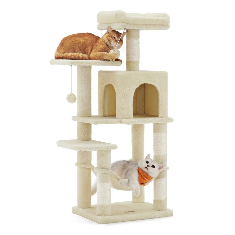 143cm Multi-Level Cat Tree with Hammock & Pompoms