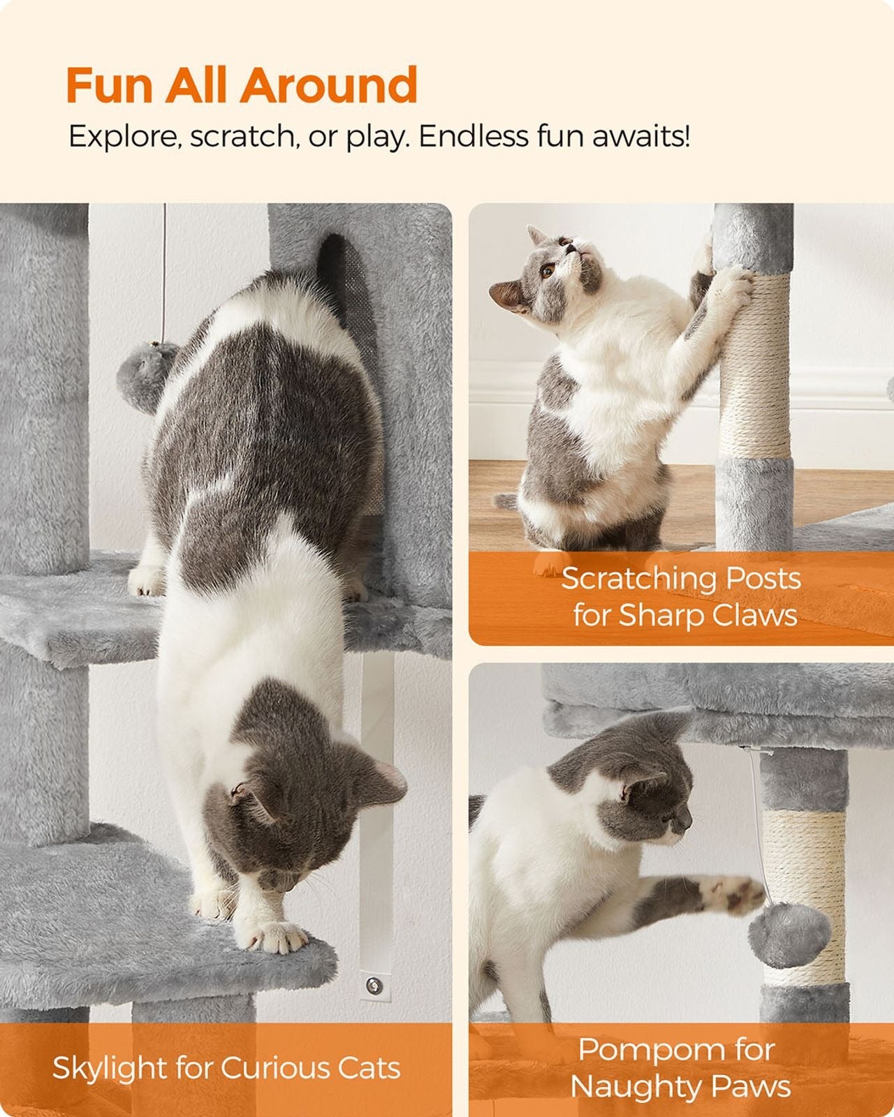 143cm Multi-Level Cat Tree with Hammock & Pompoms