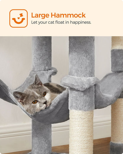 143cm Multi-Level Cat Tree with Hammock & Pompoms