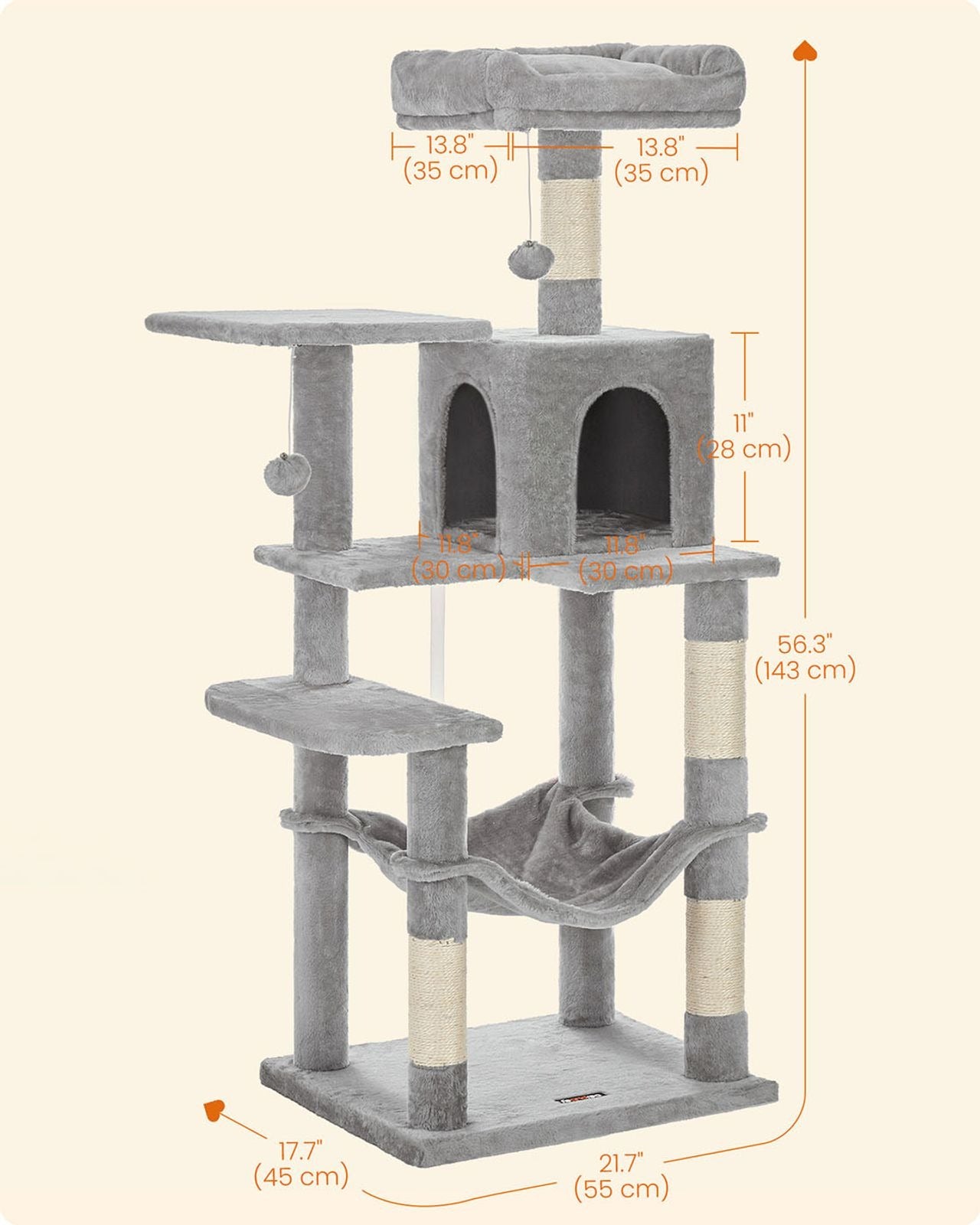 143cm Multi-Level Cat Tree with Hammock & Pompoms