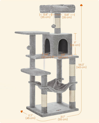 143cm Multi-Level Cat Tree with Hammock & Pompoms